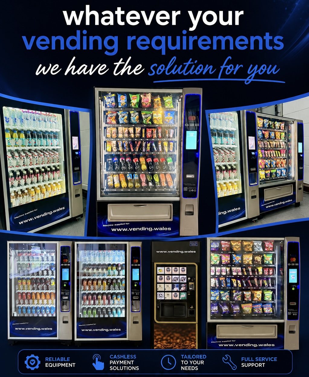 Collage of vending machines showcasing various snack and drink options.