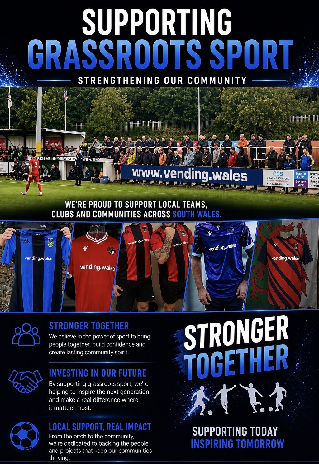 Promotional flyer for Vending Wales supporting grassroots sport with team jerseys and vending machines.