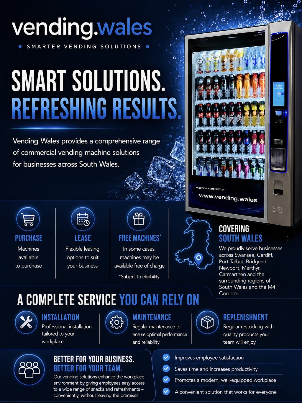 Vending Wales machine advertisement featuring a variety of drinks and service offerings.
