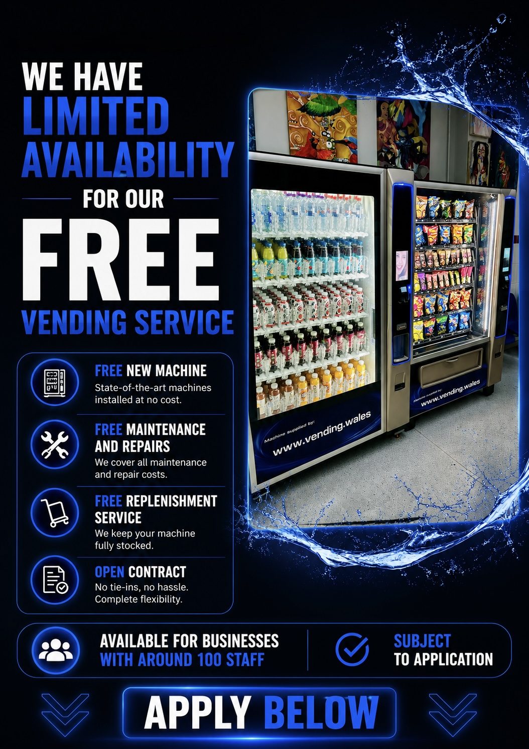 Promotional banner for free vending machine service for businesses with 100+ staff.
