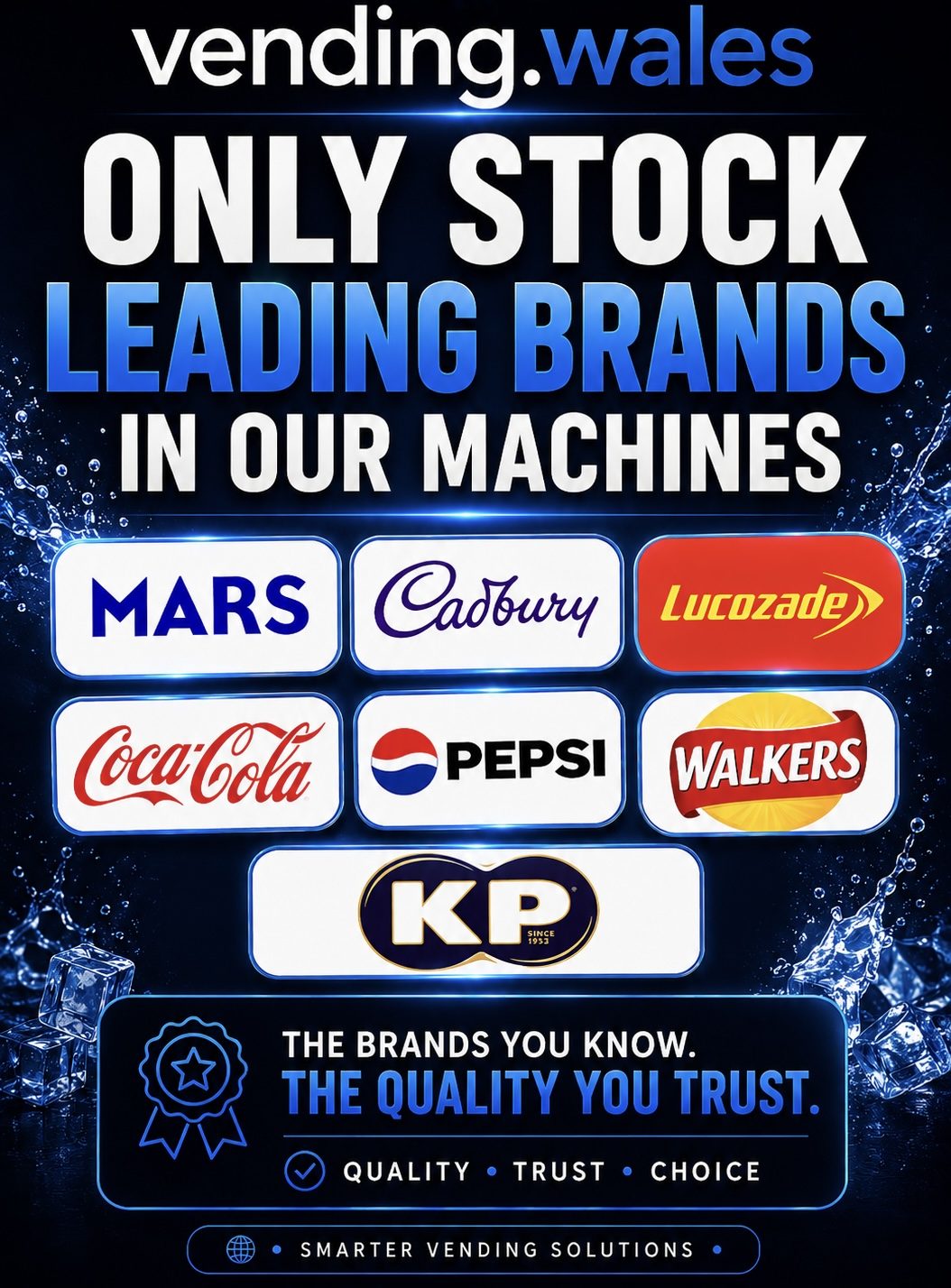 Text listing leading brands available in vending machines: Mars, Cadbury, Coca-Cola, Pepsi, and more.