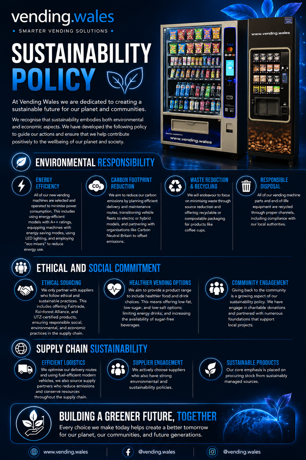 A sustainability policy detailing environmental and ethical practices in vending services.