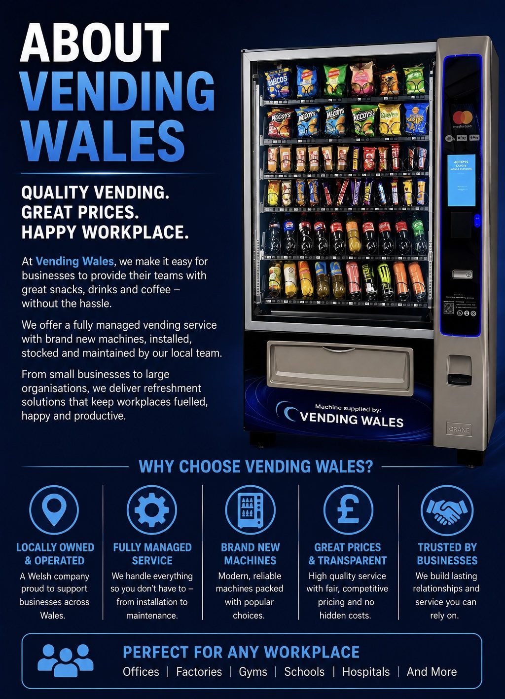 Vending machine display with snacks and drinks, promoting Vending Wales services.